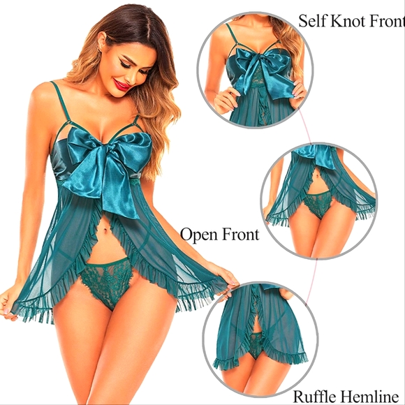 Avidlove Lingerie Self Knot Front Lace Babydoll Mesh Lingerie - Picture 2 of 5